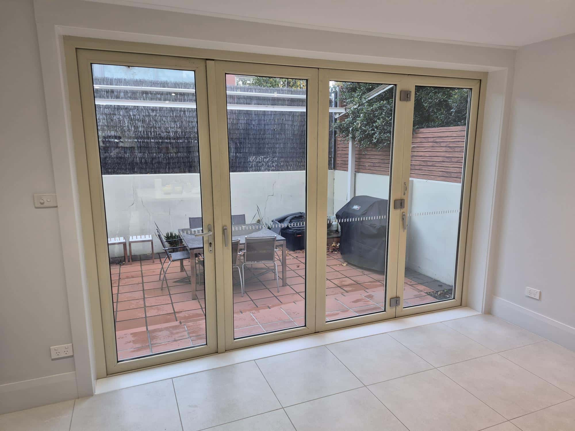 Aluminium Stacker Doors inside (Before) - Moorabbin Project